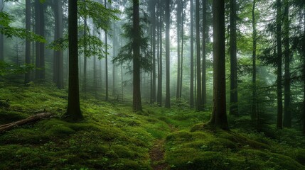 A quiet, foggy morning in a dense forest with towering trees, symbolizing belief in the journey ahead, with plenty of empty space for ideas.