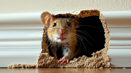 Small brown and white mouse is standing in a hole in a wall. The mouse is looking up at the camera with its mouth open