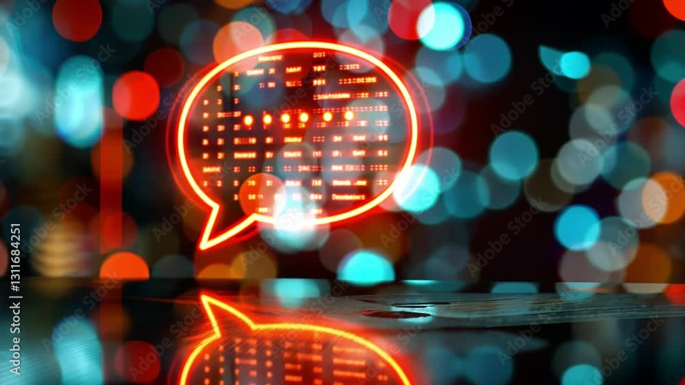 Poster vibrant neon speech bubble with glowing digital display against blurred background, symbolizing mode