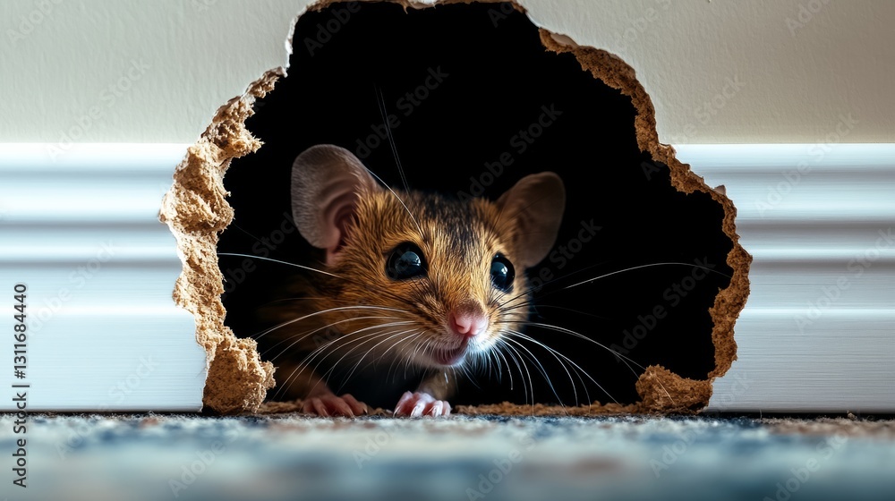 Poster small mouse is peeking out of a hole in a wall. the mouse is looking up at the camera with a smile o