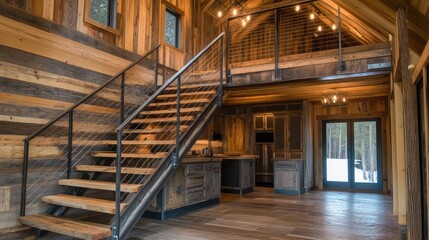 Obraz premium A rustic indoor staircase made from reclaimed wood, featuring iron railings, with blank space on the walls for potential text or graphic designs.