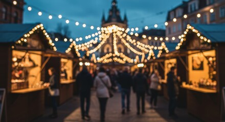 Festive evening at a european market with twinkling lights