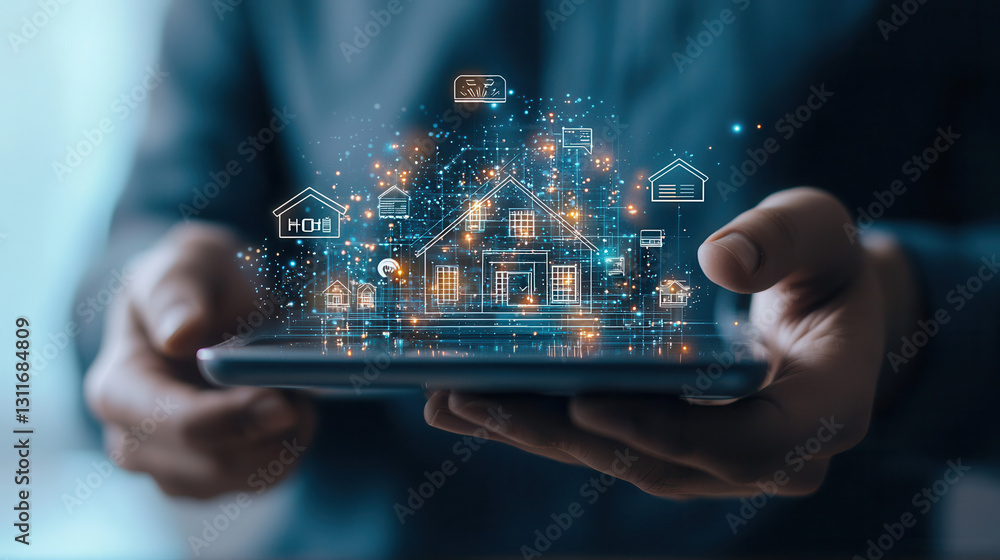Poster professional using tablet to navigate digital mortgage application, showcasing virtual home icons an
