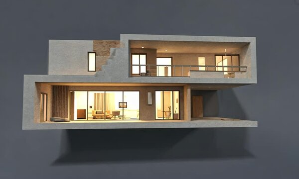 Modern architectural design of a split-level house showcasing open living spaces and large windows