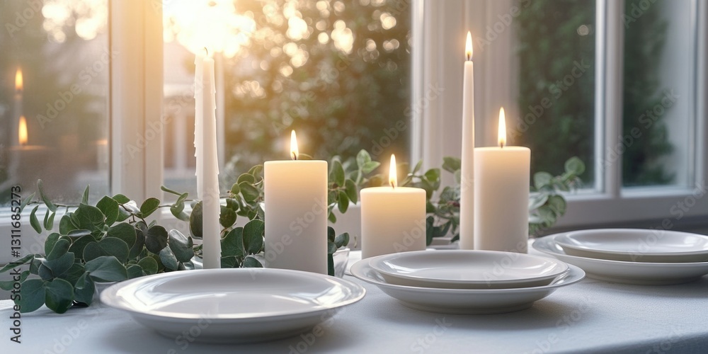 Aufkleber a table with white plates and candles lit up. the candles are arranged in a row and the table is set