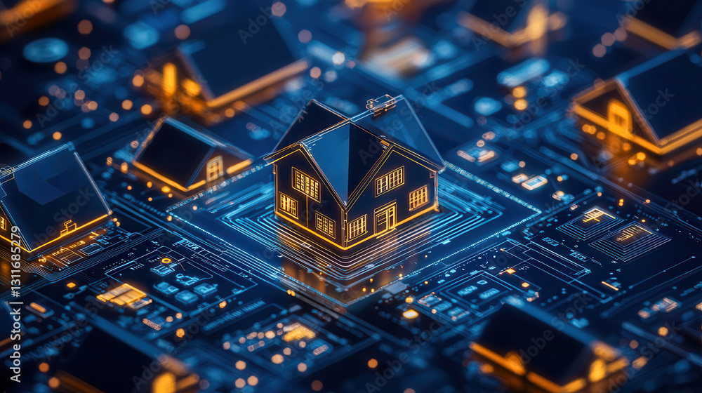 Poster digital representation of house surrounded by circuit patterns, symbolizing property investment and 