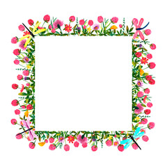 Fresh wildflowers and clover flowers background. Set of frames of watercolor berries and clovers, dragonflies, butterflies, bumblebees and bees. Clip art, design element.