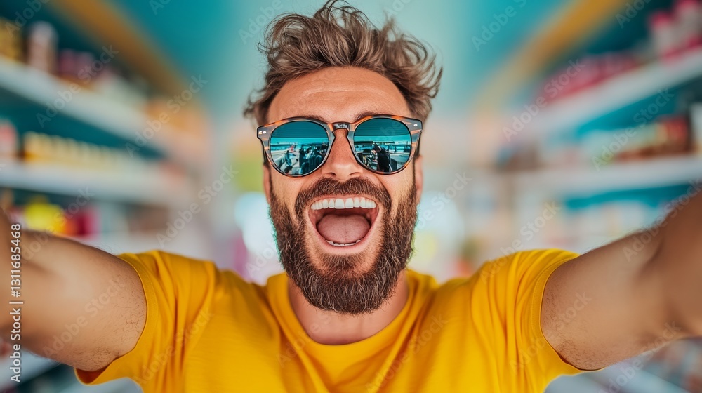 Poster man with a beard and sunglasses is smiling and taking a selfie. the image has a happy and lightheart
