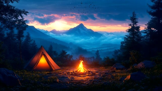Illuminated tent and burning campfire in scenic mountain forest at twilight seamless looping 4k time-lapse animation video background