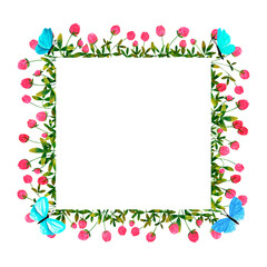 Clover flowers background. Set of frames of watercolor berries and clovers, dragonflies, butterflies, bumblebees and bees. Clip art, design element.