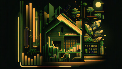 Obraz premium refined illustration of real estate growth featuring house, plants, and data visuals, symbolizing investment and sustainability
