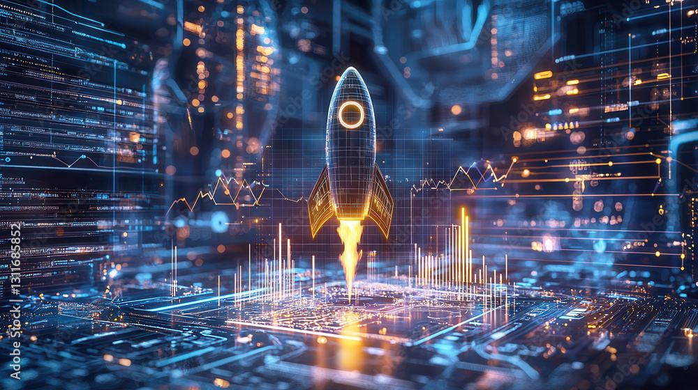 Poster futuristic rocket launch in digital environment with glowing data