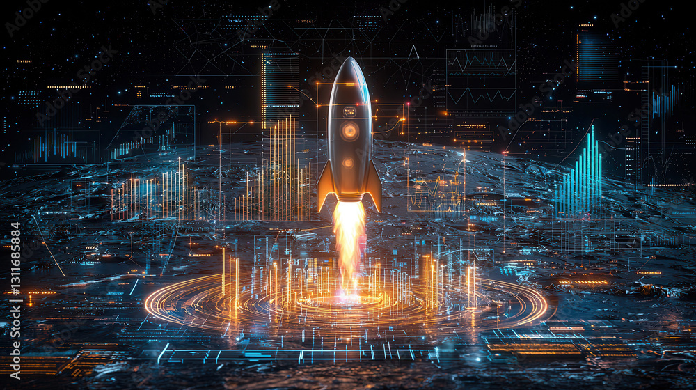 Poster futuristic rocket launching from digital landscape with data visualizations. scene conveys innovatio