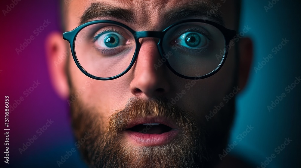 Poster man with glasses and a beard is staring at the camera with wide eyes. the image has a dramatic and i