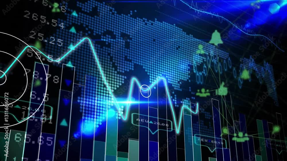 Poster animation of digital world map with fluctuating graphs and data points in blue tones