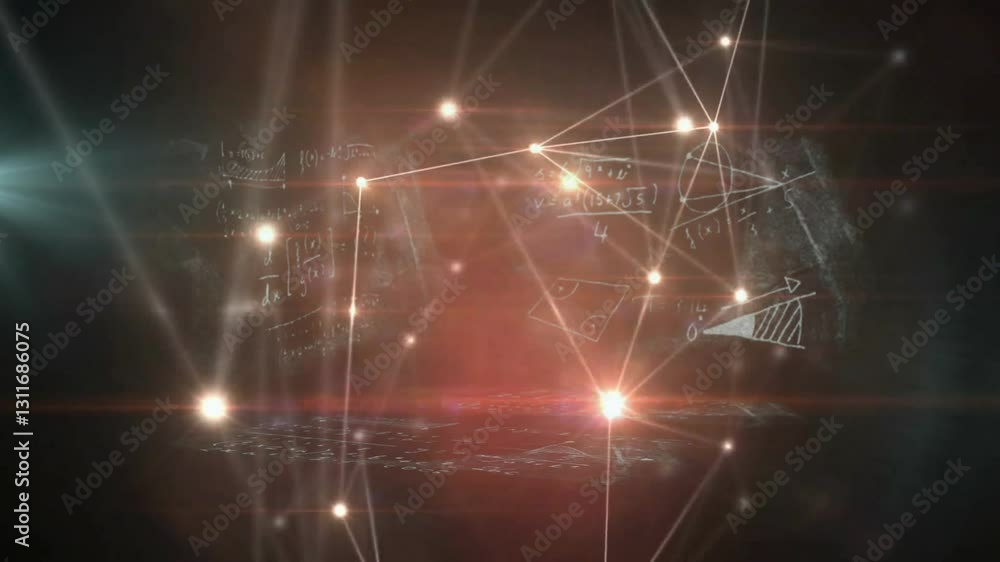Poster animation of glowing network of lights illuminating mathematical equations in school
