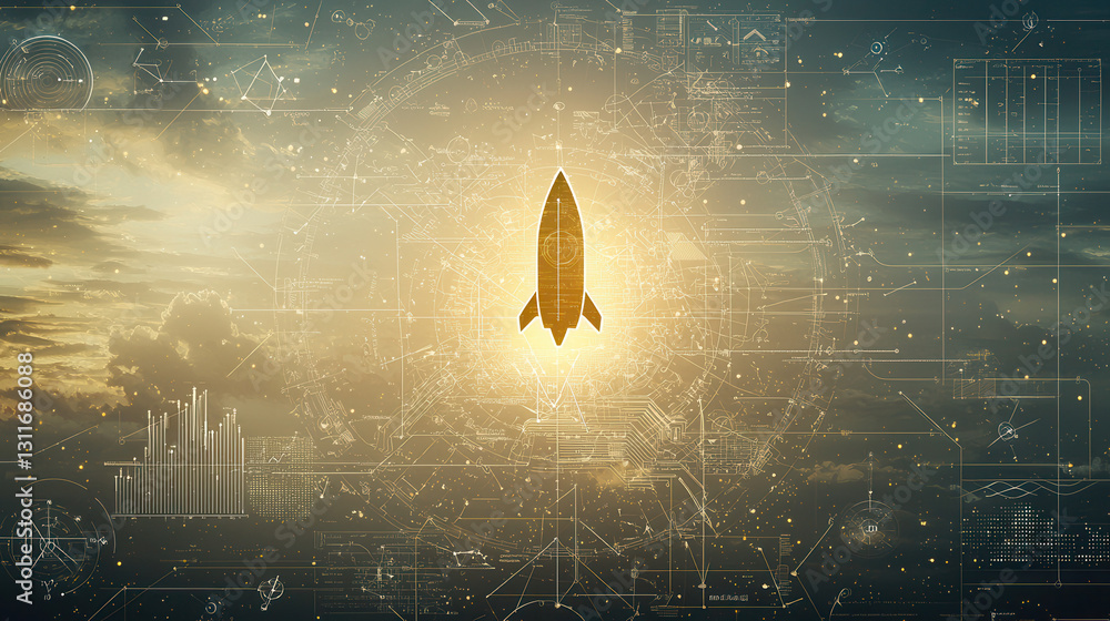 Poster sleek rocket illustration soaring through cosmic background with data charts and graphs, symbolizing
