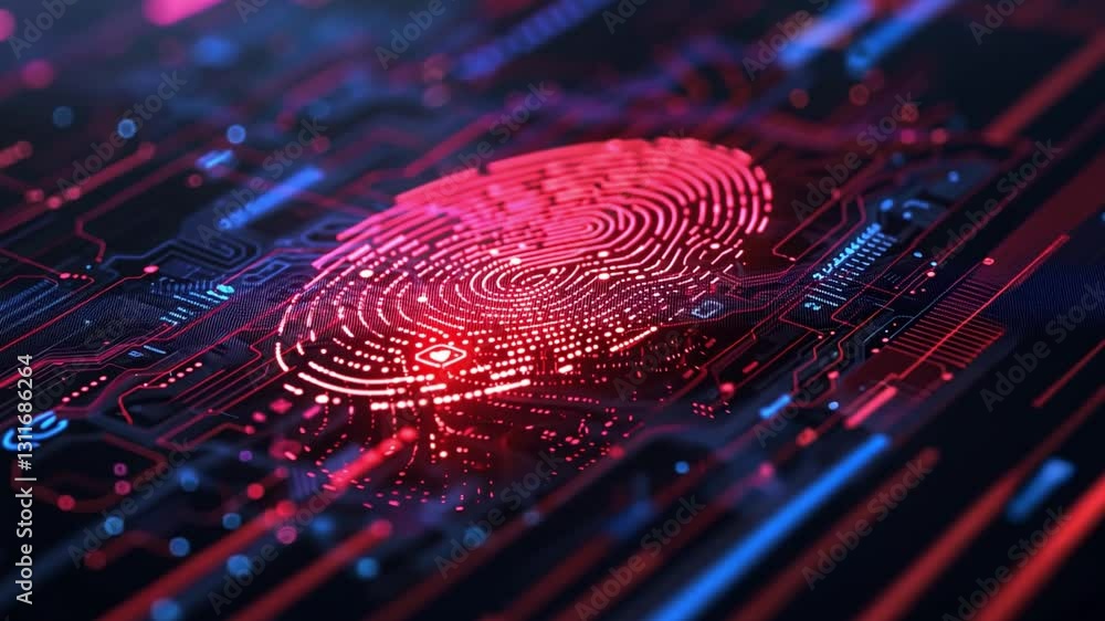 Poster digital fingerprint technology abstract circuit security in red and blue, innovating data protection