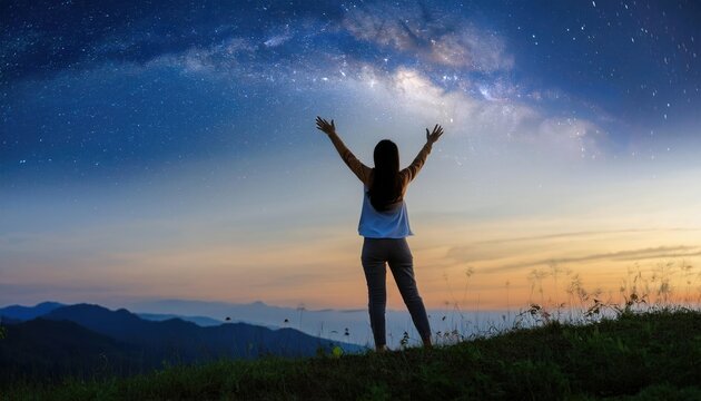 Reaching for the Stars - person standing on their tiptoes, stretching to touch stars in the sky, symbolizing ambition, dreams, and aspiration 