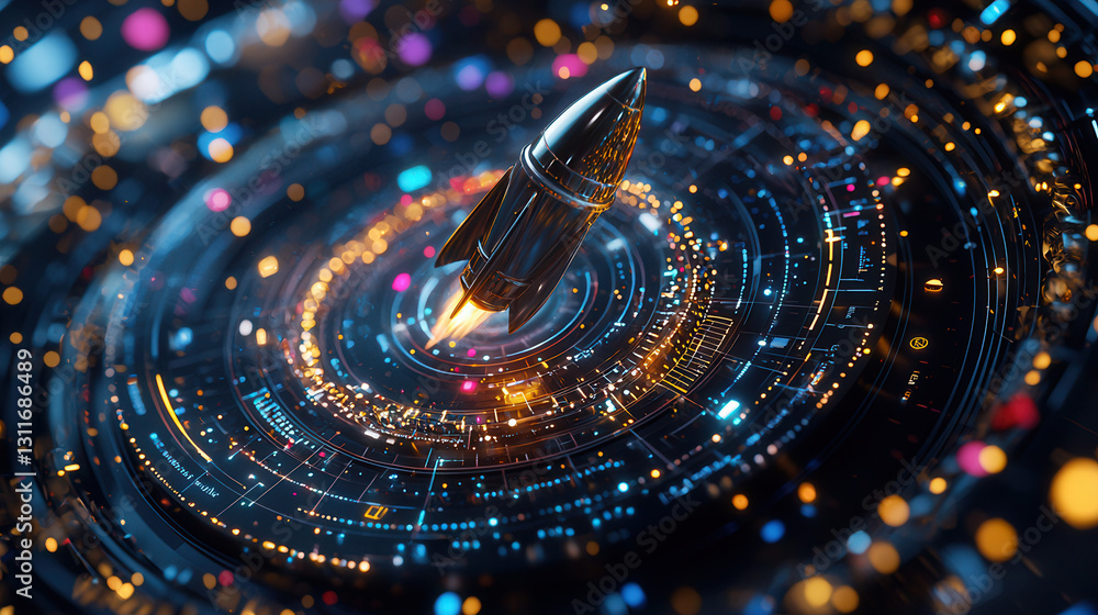 Poster futuristic rocket launching through vibrant digital landscape filled with glowing particles and intr