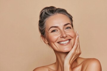 Smiling woman with natural beauty and radiant skin against a soft beige background. Generated AI