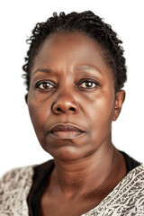 Obraz premium Woman with short natural hairstyle on white background looking directly at the camera, conveying confidence and strength in a portrait style image.