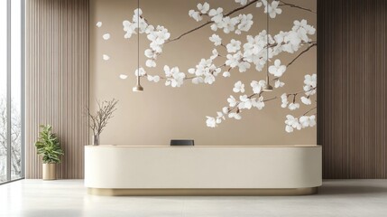 Modern lobby reception desk, floral wall art, minimalist design, winter view