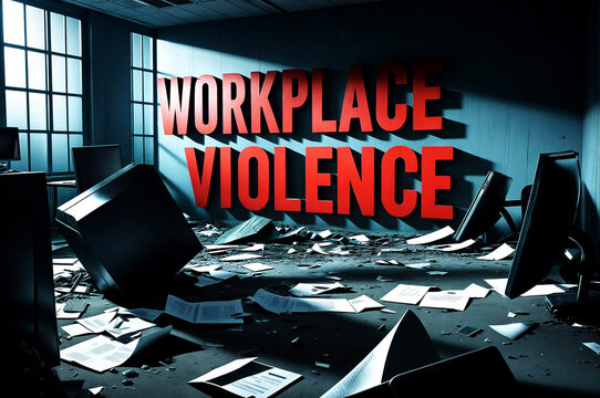 Chaotic workplace with the word text "Workplace Violence" in the room appears with broken glass, scattered papers, and overturned furniture, suggesting a recent violent incident. - Powered by Adobe