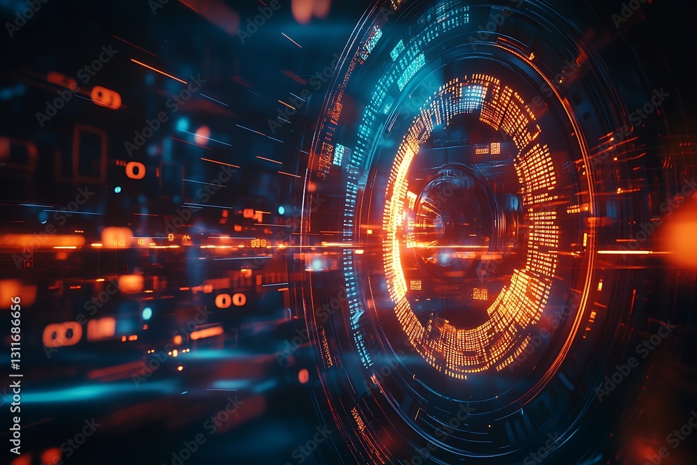 Poster futuristic digital tunnel with glowing data streams