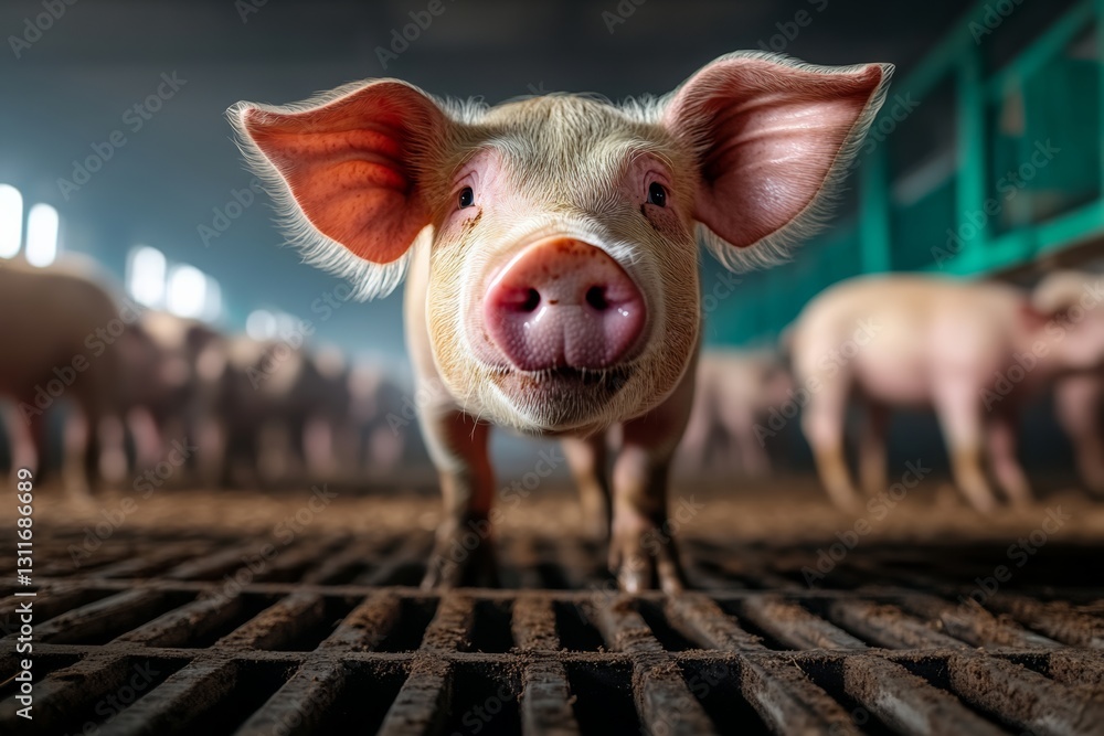 Poster pig is standing in a pen with other pigs. the pig is looking at the camera and he is curious