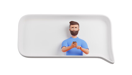 Happy cartoon beard character man using smartphone at white text bubble over transparent background. 3d render illustration