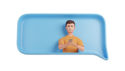 Handsome cartoon beard character man texting on smartphone at blue text bubble isolated on transparent background. 3d render illustration.
