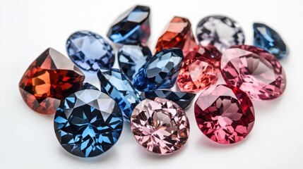 Variety of high-quality faceted spinel gemstones in shades of blue, red, and pink on a white background.