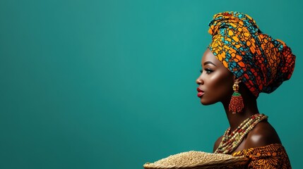 Obraz premium A Graceful Portrait of an Elegant Woman Adorned in Colorful African Headwrap and Jewelry