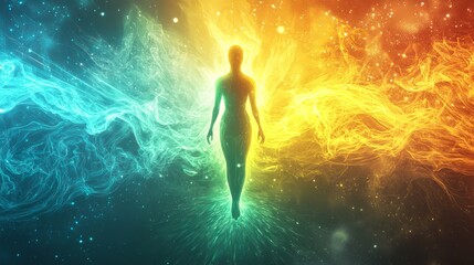 Naklejka premium Color Energy Field, A mystical human silhouette surrounded by vibrant energy fields in a gradient of healing colors. The aura radiates with deep blue for calmness, bright yellow for positivity, and so