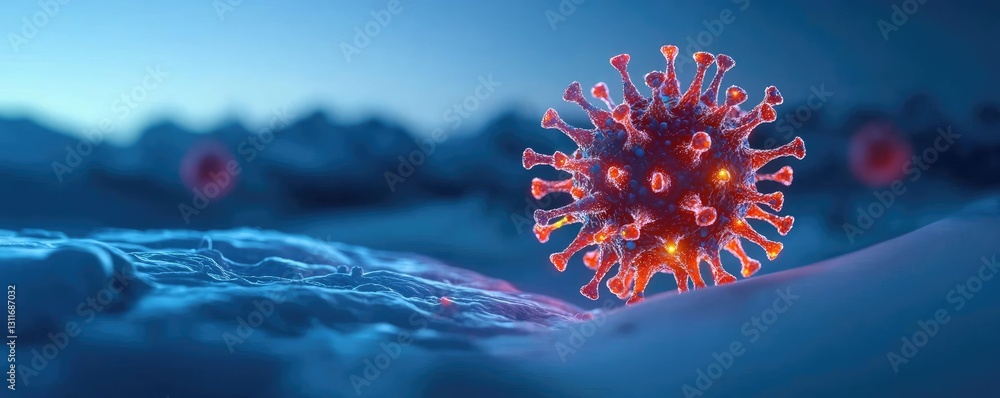 Poster iceberg melting concept. 3d illustration of a virus particle in a microscopic view, showcasing intri