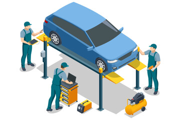 A blue car on an isometric two-post lift. Three mechanics in green coveralls use tablets and a laptop for diagnostics. An air compressor and tool cart stand close by. © Golden Sikorka
