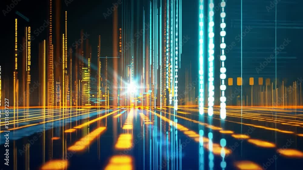 Poster digital abstract background glowing lines and data streams in futuristic technology landscape with v