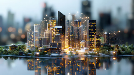 modern smart city skyline with illuminated buildings and greenery, showcasing urban development and technology integration