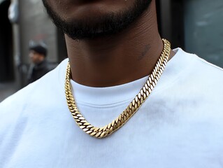 Man wearing gold chain, urban street