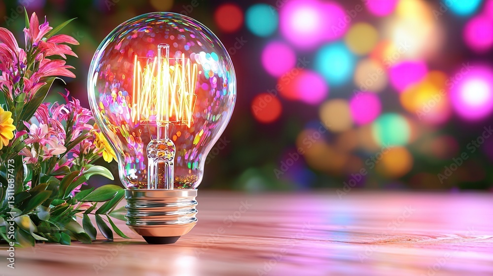Poster 3d render of an lightbulb with a vivid glowing filament and a futuristic minimalist design the image