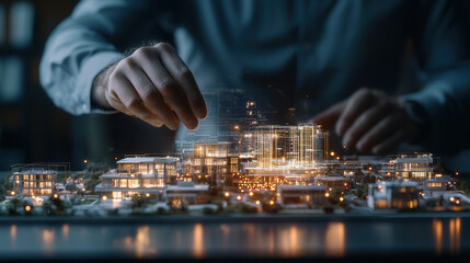 Naklejka premium Real estate model with illuminated buildings and hand adjusting layout, showcasing innovative urban planning and design