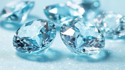 Vintage-cut aquamarine gemstones glowing under soft light on a sky-blue background.