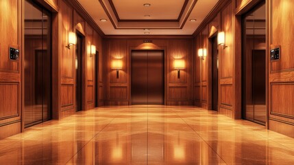 Naklejka premium A spacious elevator interior with polished wooden walls, large mirrors, and soft lighting, offering ample room for text or promotional content.