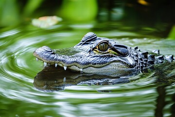 Obraz premium American Alligator Head Close Up in Green Water Wildlife Photography Nature Scene Reptile Portrait Wild Animal Dangerous Predator Florida Everglades 