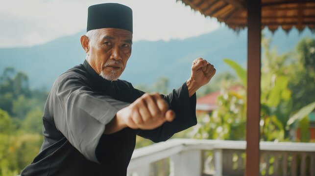 Traditional Indonesian martial arts &ndash; a fierce Pencak Silat fighter in actio