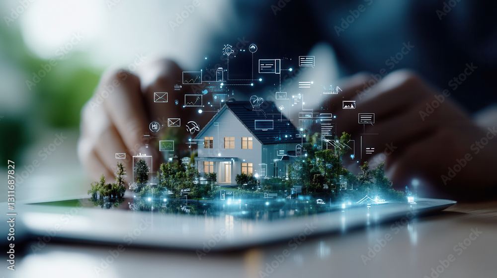 Poster tech savvy property management scene showcasing digital house model with smart technology elements