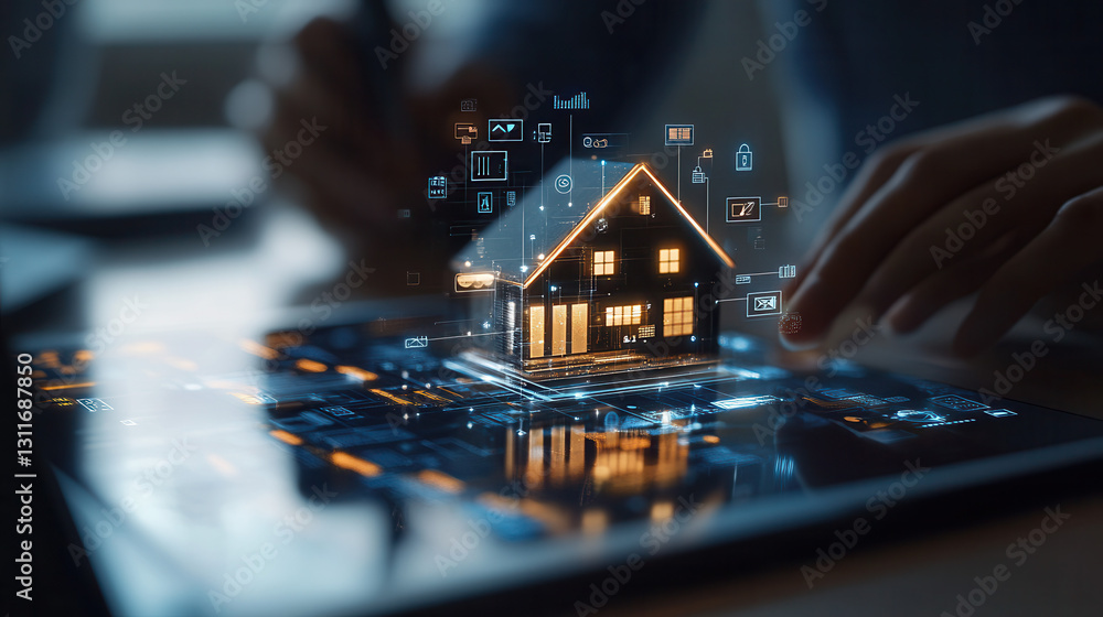 Poster tech savvy property management scene showcasing digital house model with data analytics. image refle
