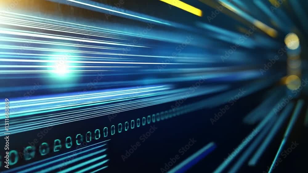 Poster dynamic digital abstract blue lines and binary code representing technology, data flow, speed, and i