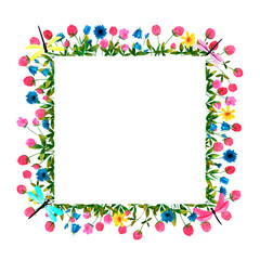 Wildflowers and clover flowers background. Set of frames of watercolor berries and clovers, dragonflies, butterflies, bumblebees and bees. Clip art, design element.
